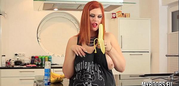  Busty Alexsis Faye housewife in kitchen play with banana and cream